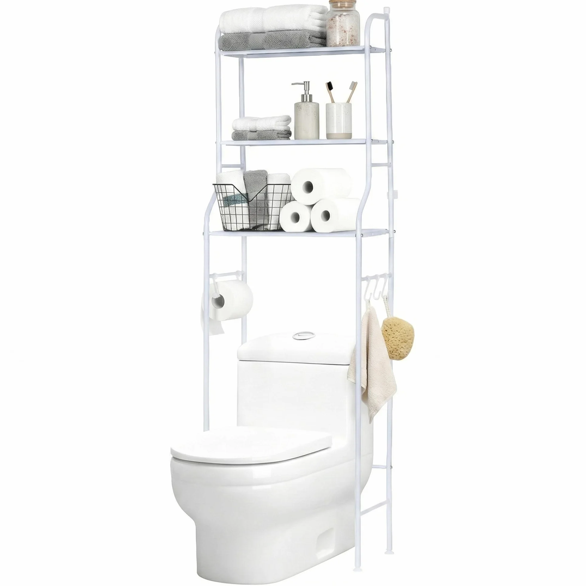 NK Badezimmerregal über Toilette – 153 x 47 x 26 cm, 3 obere Regalböden, 3 Haken, Toilettenpapierhalter, rutschfeste Füße, Struktur aus Eisen und Polypropylen, Weiß, einfache Montage