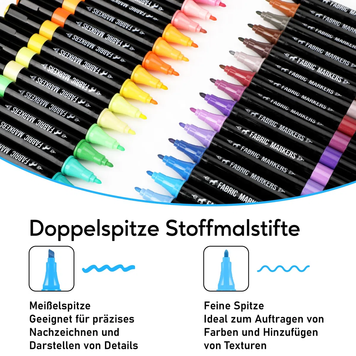 Pamaker 40 Textilstifte Dual Tip – Waschmaschinenfest und Permanent für T-Shirts, Stofftaschen, Schuhe und mehr – Ungiftig, ideal für Kinder und Erwachsene