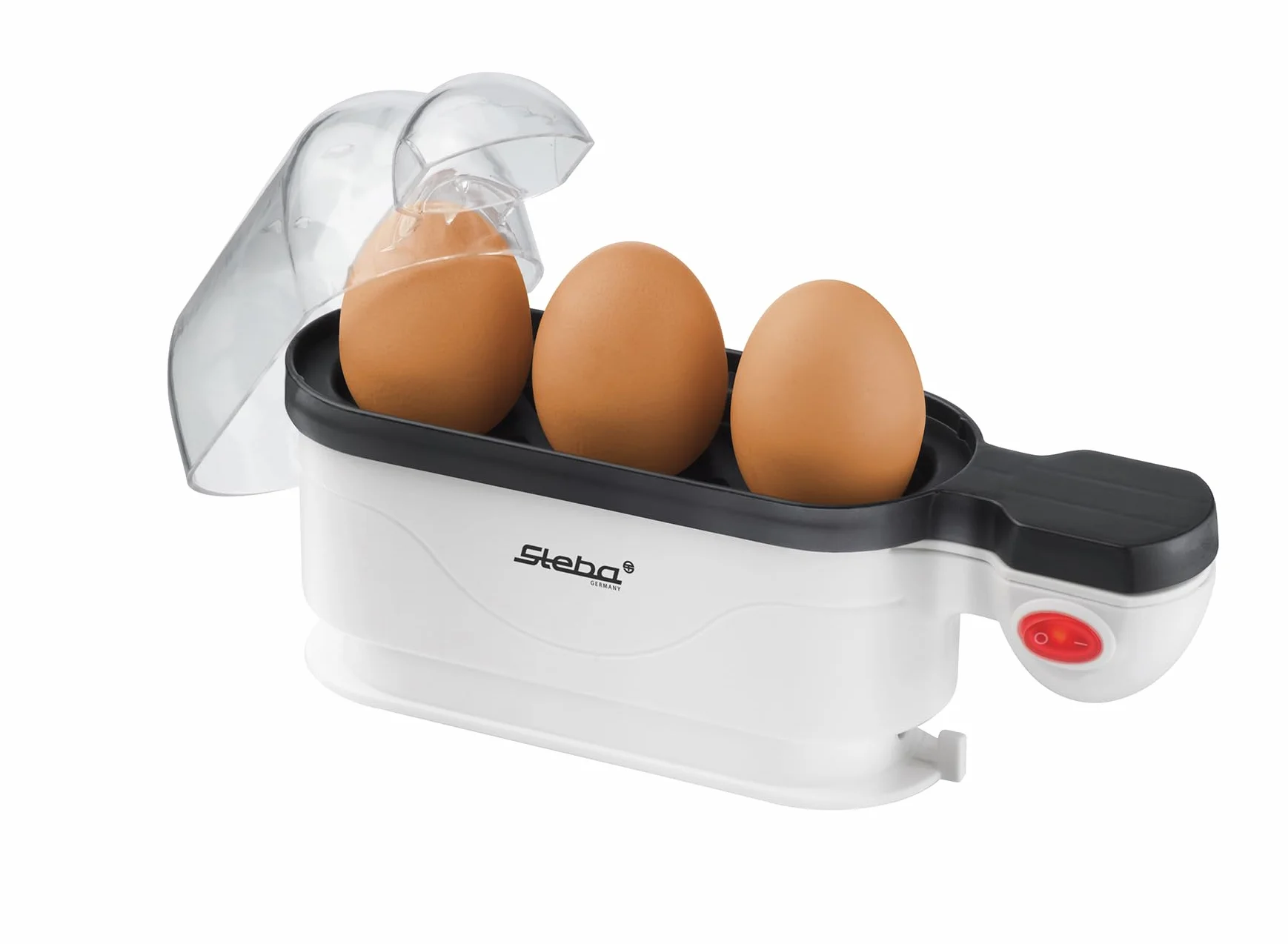 Steba EK 4 Eierkocher, für max. 3 Eier | Kochschale antihaftbeschichtet, Eiertray mit Tragegriff, Messbecher mit Eierpick, 350 Watt