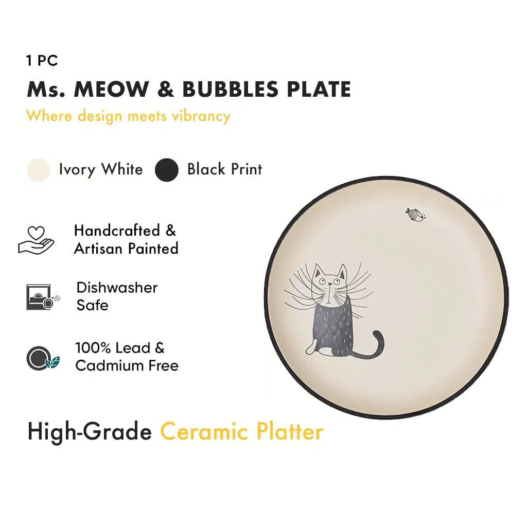 Dekorativer Teller mit Katzenmotiv aus Keramik - Ms. Meow und Bubbles - verspielt & modern – Für Tisch, Regal & Wohnraum Dekoration, Geschenkidee für Katzenliebhaber, Elfenbeinweiß, 20 cm