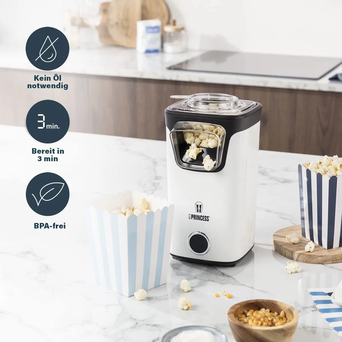 Princess Heißluft-Popcornmaschine – Frisches Popcorn in 3 Minuten, fettfreier und kalorienarmer Snack, schnelle und einfache Zubereitung, ideal für Zuhause und Partys 1100 Watt
