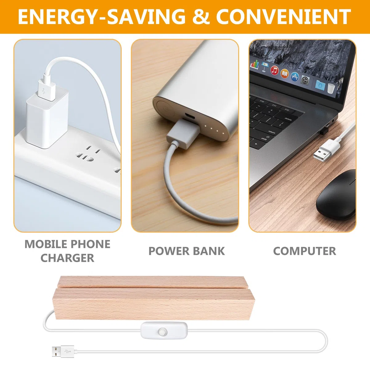 BORDEAG LED-Holzsockel, rechteckig, USB, 15 cm, warmweiß oder 7 Farben, eleganter Holzständer für Acrylglas, Kristall, Harz, Kunstwerke, 4 Stück