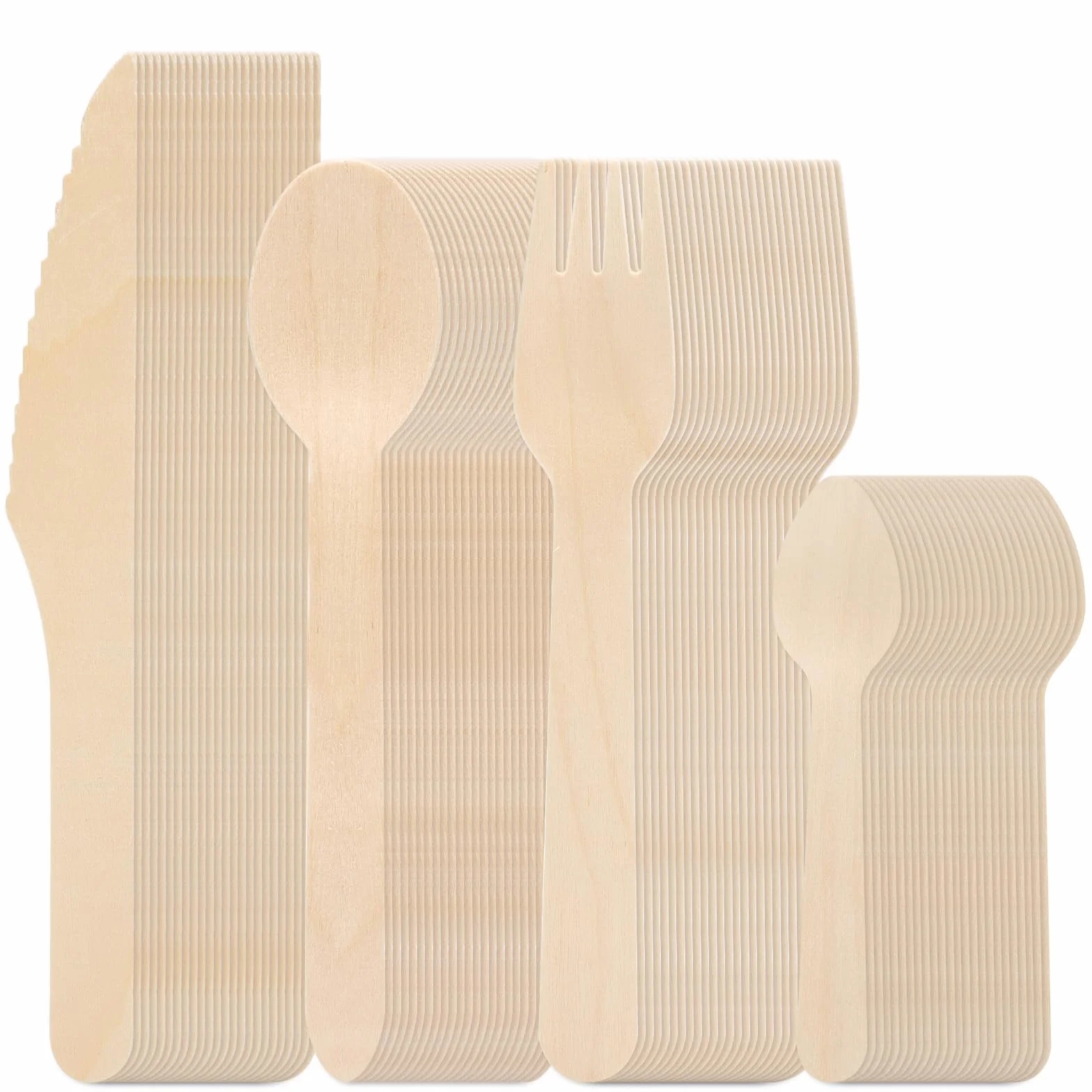 Holzbesteck Einweg 200 Stück, Natürliches Einmalbesteck Set – Messer, Gabeln, Löffel, Teelöffel – Umweltfreundlich, Kompostierbar, Stabil, Ohne Plastik, Einweg Besteck für Party, Hochzeit, Camping