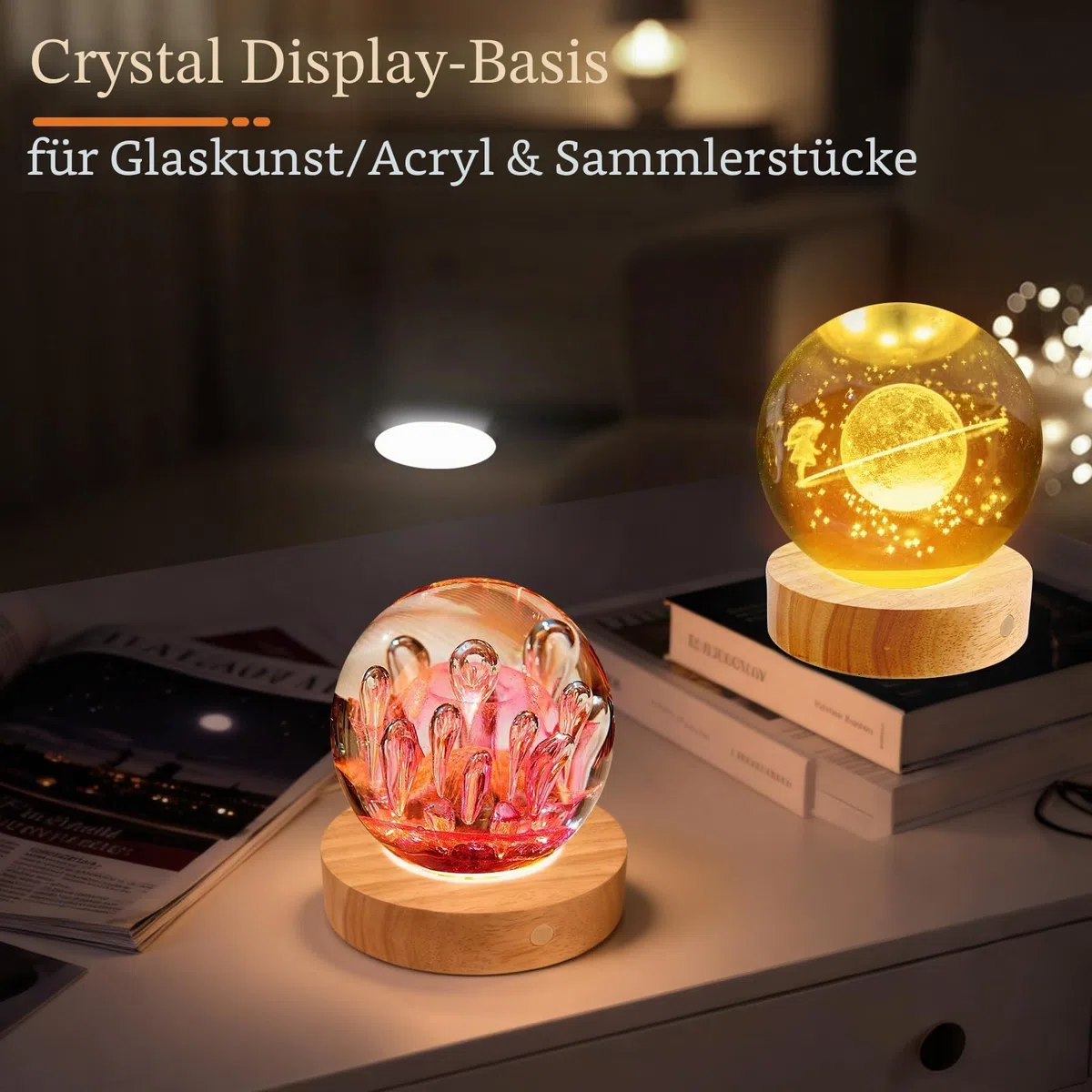 LED-Lichtsockel, 12 cm Holz-Lichtsockel mit Touch-Dimmer und 3 Lichtmodi, Kristall-Display-Sockel, Holzsockel, runder Lichtsockel für Kristallglas, Harz, Kunstharz-Schmuck, Acryl (Holz, 1 Stück)