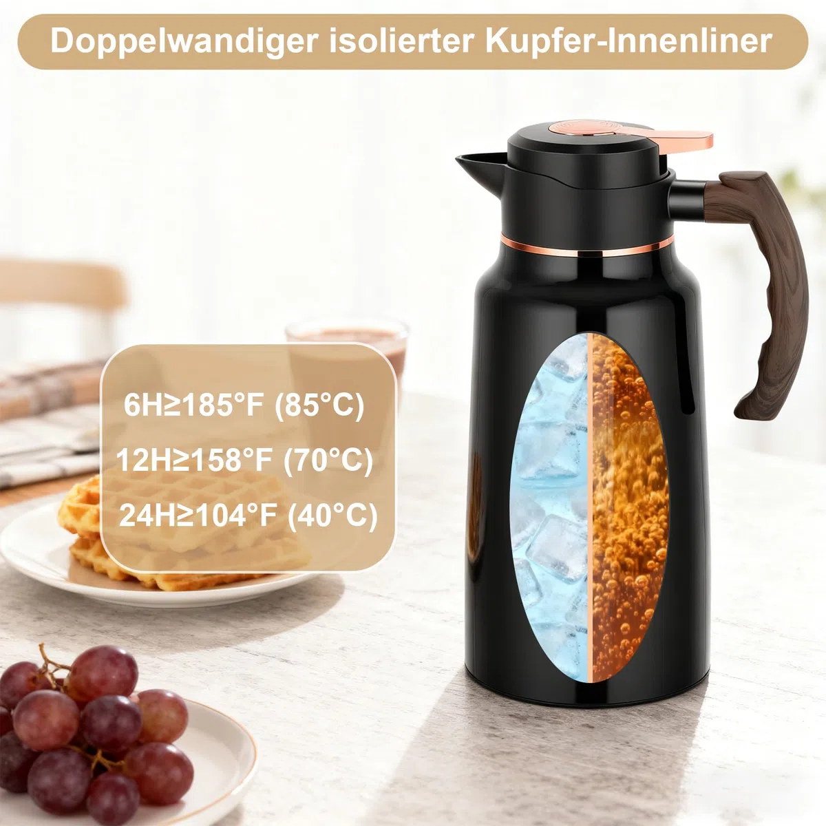 Thermoskanne, 2 Liter 304 Edelstahl Isolierkanne mit Holzoptik Griff, 24 h heiß / 24 h kalt, Kaffeekanne mit tropffreiem Ausguss, große Öffnung, zerlegbarer Deckel, Teekanne für Kaffee, Tee, Wasser