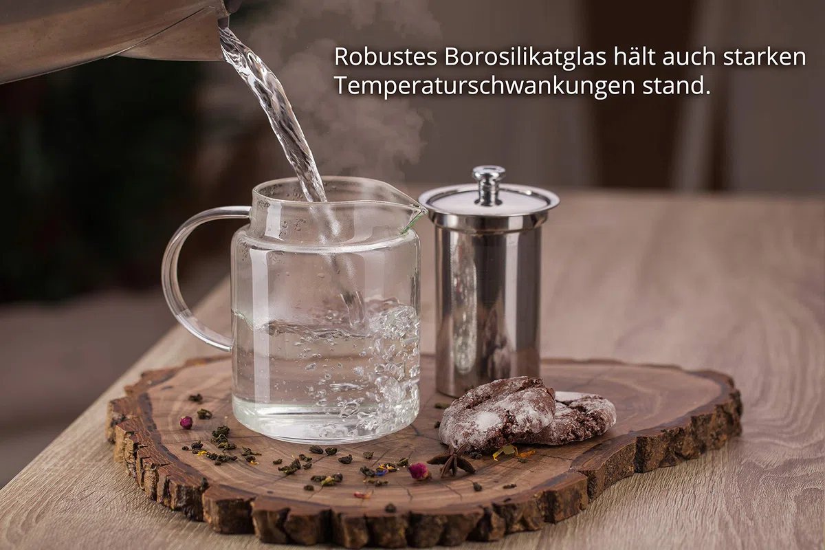 GGC Teekanne/Teezubereiter aus Glas mit Infuser Siebeinsatz (Edelstahlsieb) und Deckel I Glaskanne/Teebereiter ist ideal für Teeservice mit losem Grün- und Schwarz Tee geeignet I 1 Liter Glaskaraffe