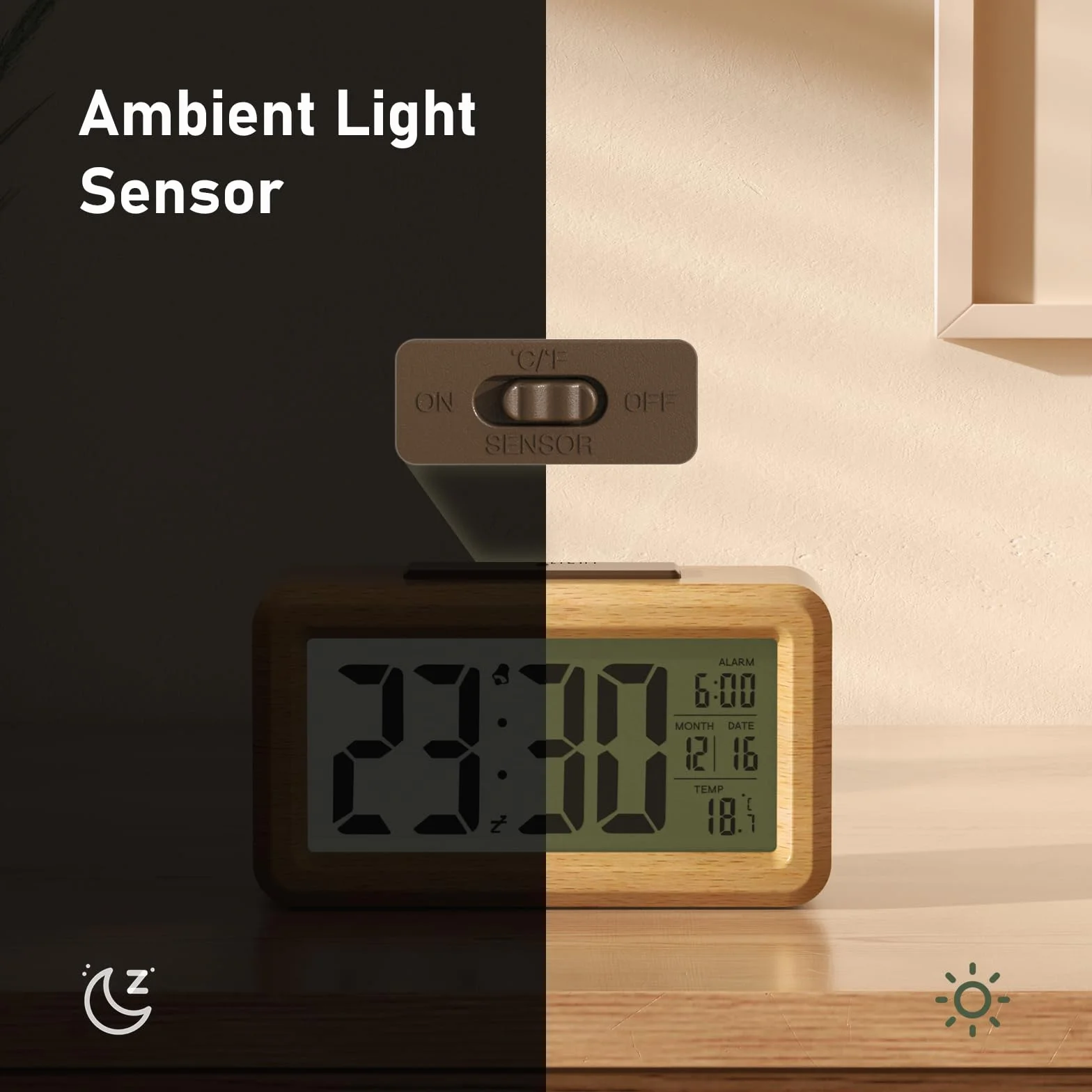 Wecker Digital aus Holz mit Großem LCD-Display, Datum, Temperatur, Automatischem Lichtsensor, Snooze-Funktion, Batteriebetrieben (3 AAA-Batterien im Lieferumfang Enthalten)