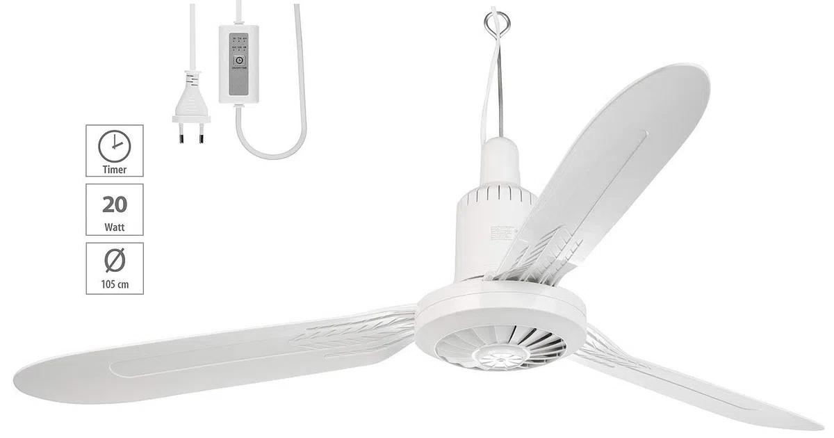 Sichler Haushaltsgeräte Deckenventilator: Mobiler XXL-Decken-Ventilator, 3 Flügel, Timer, Haken, 105 cm, 25 W (Deckenventilator 3 Flügel, mit Stecker, groß)