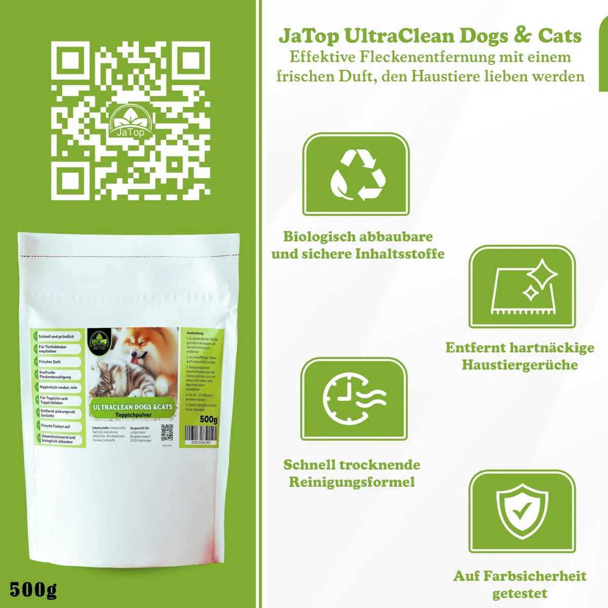 UltraClean Cats & Dogs Teppichreiniger Pulver zum Absaugen, Teppich Reinigungsmittel Pulver, Teppichpulver zum Reinigen von 10-15qm Teppichboden, 4 x 500g + Fleckenspray 250ml