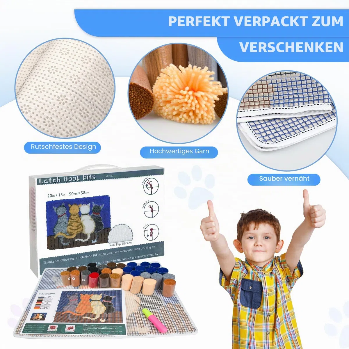 EsLuker.ly Katze Knüpfteppich für Kinder und Erwachsene zum Selber Knüpfen, DIY Knüpfsets Kreuzstich Teppich Set mit Werkzeug Latch Hook Kit Child Rug Animal, 50x38cm