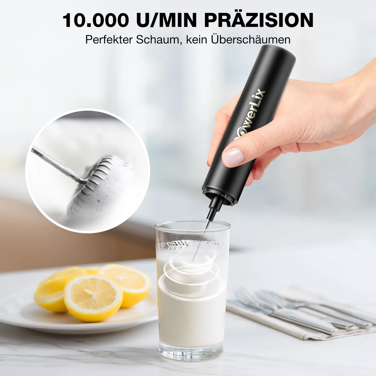 POWERLIX Pro 3-in-1 Handheld Milk Frother Electric - USB-C Rechargeable, 10,000 RPM Quick Whisk, Detachable Heads for Latte/Cappuccino/Egg Whites, Auto-Stop Safety, Portable Barista Tool