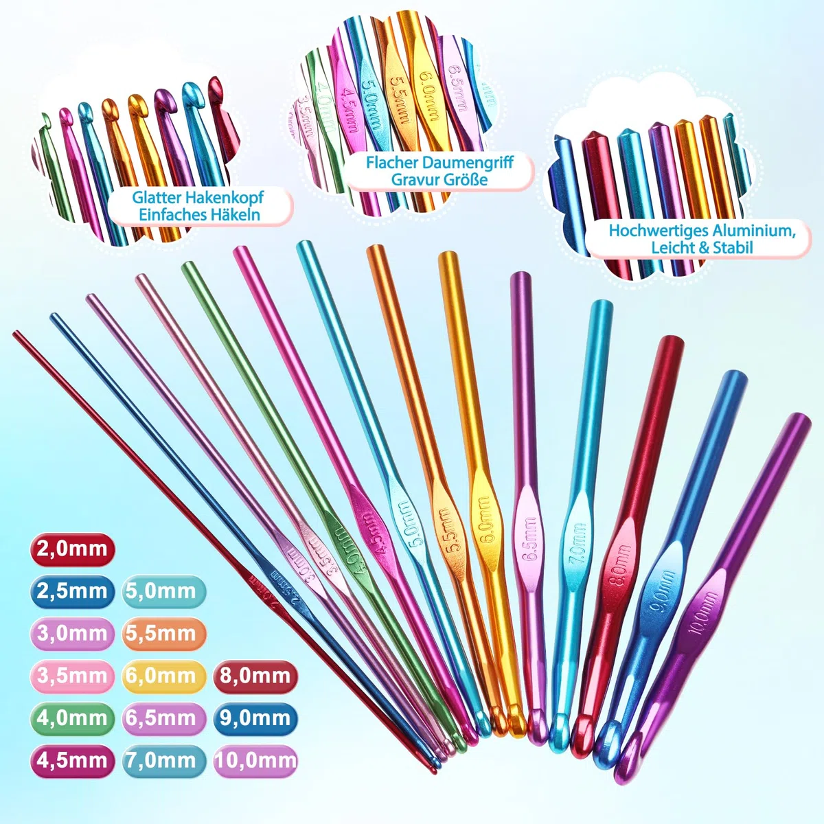 Coopay Tragbar Häkelset für Anfänger, Häkelnadel Set mit 15 Wolle, Tasche, Häkelzubehör, Ergonomische Häkelnadeln mit Weicher Griff und Metall Häkelnadel, 2,0-10 mm Praktische Häkelnadel Set Geschenk