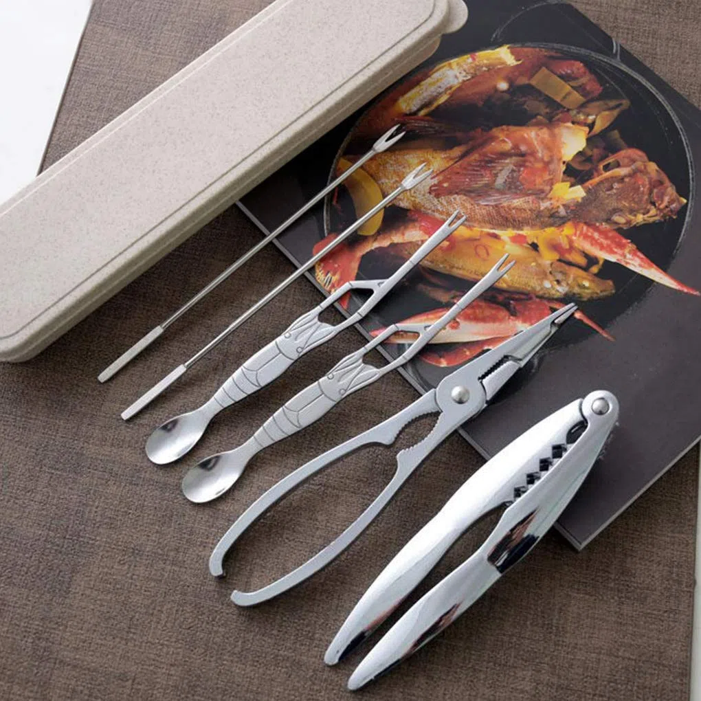 6 Stück Meeresfrüchte-Werkzeuge Edelstahl Meeresfrüchte-Werkzeug-Sets, mit Aufbewahrungsbox, 2 Stück Hummer-Cracker und 4 Stück Edelstahl Meeresfrüchte Gabeln