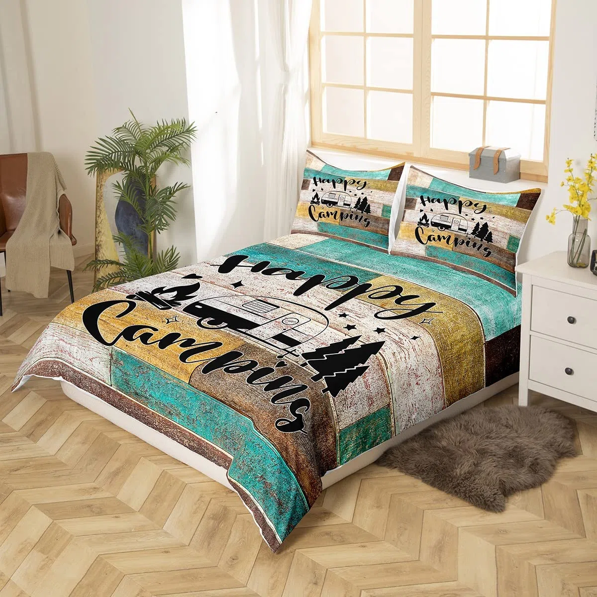 Glückliche Camping Auto Bettbezug Set L Größe,RV Camper Anhänger Dekor Bettwäsche Set Kinder Jungen Mädchen,Vintage Holz Plank Kabine Tröster Abdeckung,Rustikale Bauernhaus Quilt Cover,2 Kissenbezug