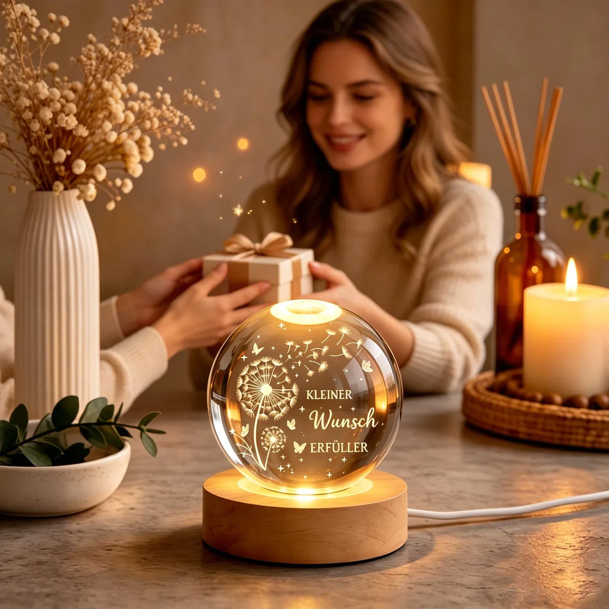 Charfia Wunscherfüller, 80mm LED Glaskugel Deko Lampe Geburtstag Geburtstagsgeschenk Geschenke für Frauen Frau Männer, Kristallkugel Geschenk Geburtstag Frauen Geschenk für Freundin Deko Wohnzimmer