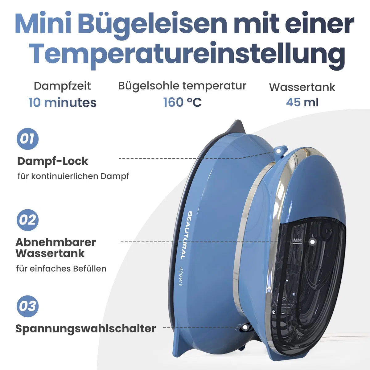 BEAUTURAL Reisebügeleisen, Dual-Spannung 220V/120V, Antihaft-Sohle, Dampfbügeleisen Trockenbügeleisen mit Anti-Tropf-Funktion
