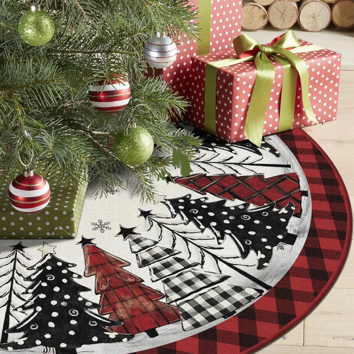 Weihnachtsbaum Decke Rund 122 cm, Rote & Schwarze Büffelkaro, Weihnachtsbaum Motiv, Baumdecke Weihnachtsbaum Teppich Rund für Weihnachtsbaumschmuck, Feiertagsfeiern