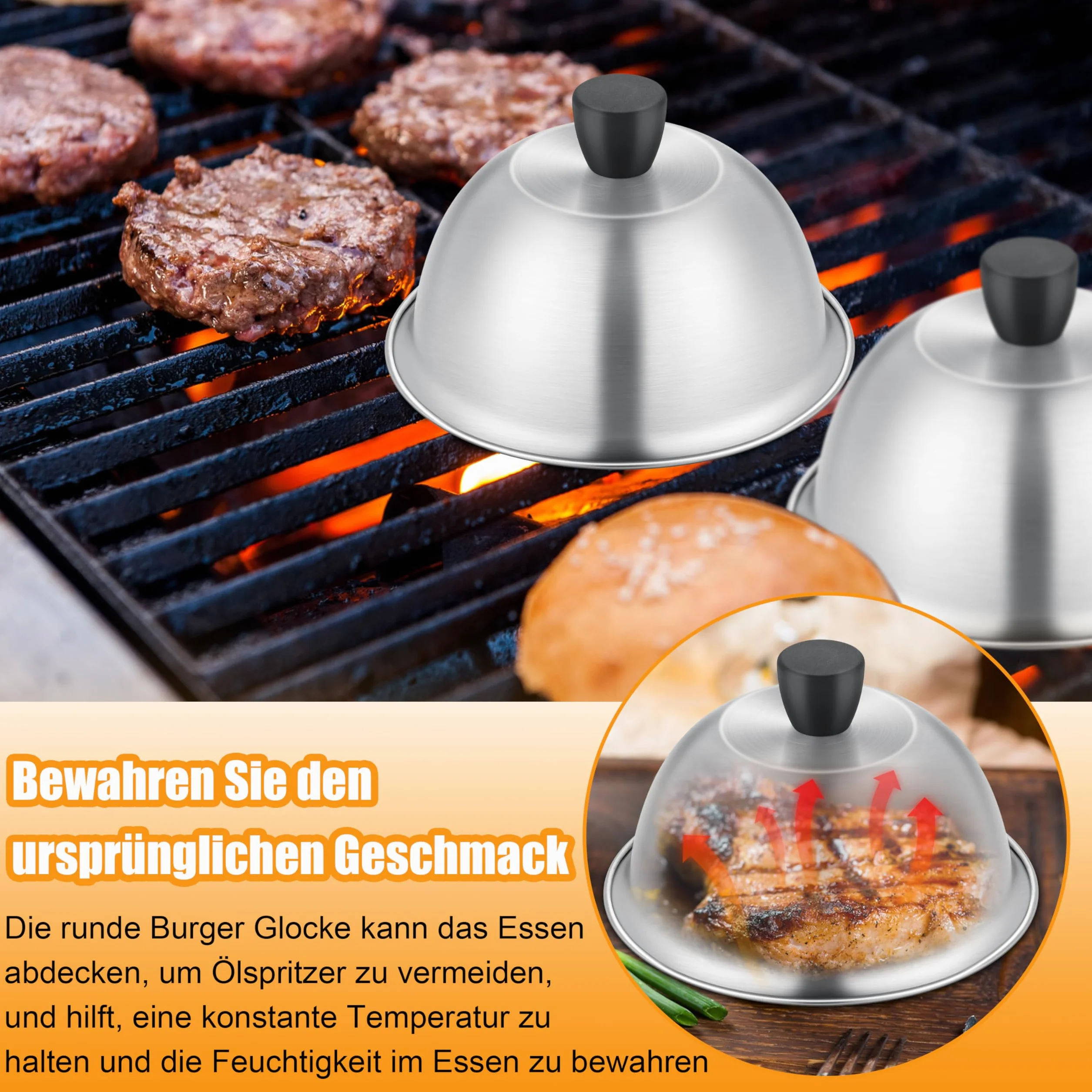 TEAMFAR Burgerglocke, 4 Stück Edelstahl Burger Glocke, Grillglocke Burgercover mit Hitzebeständig Silikongriff, Klein Burgerhauben Schmelzglocke für Grill Teppanyaki & Küche Kochen, Innen & Außen
