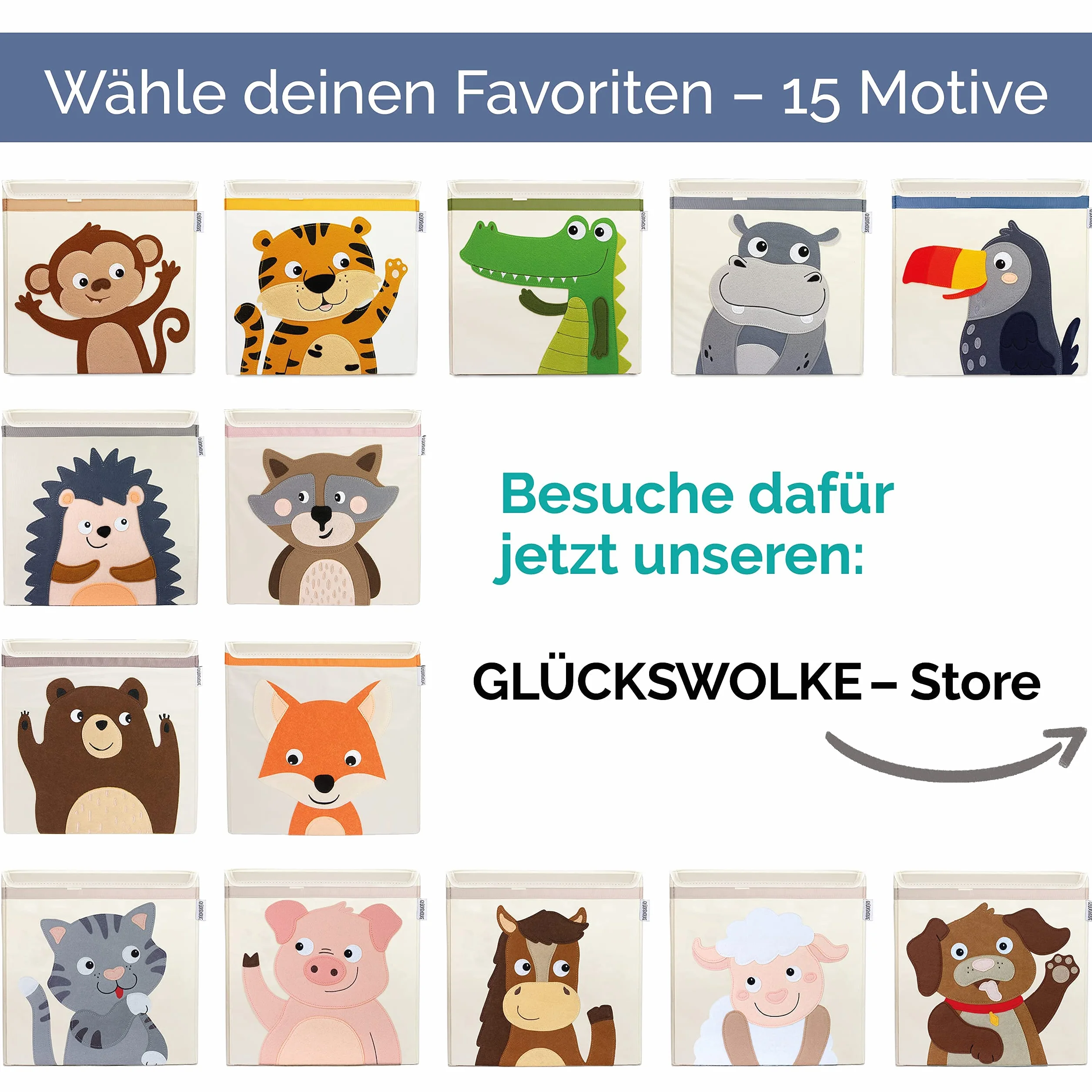 GLÜCKSWOLKE Kinder Aufbewahrungsboxen - 15 Motive I Spielzeugkiste Kinderzimmer I Spielzeug Boxen & Kisten (33x33x33) zur Aufbewahrung im Kallax Regal I Bauernhof-Tiere Schaf