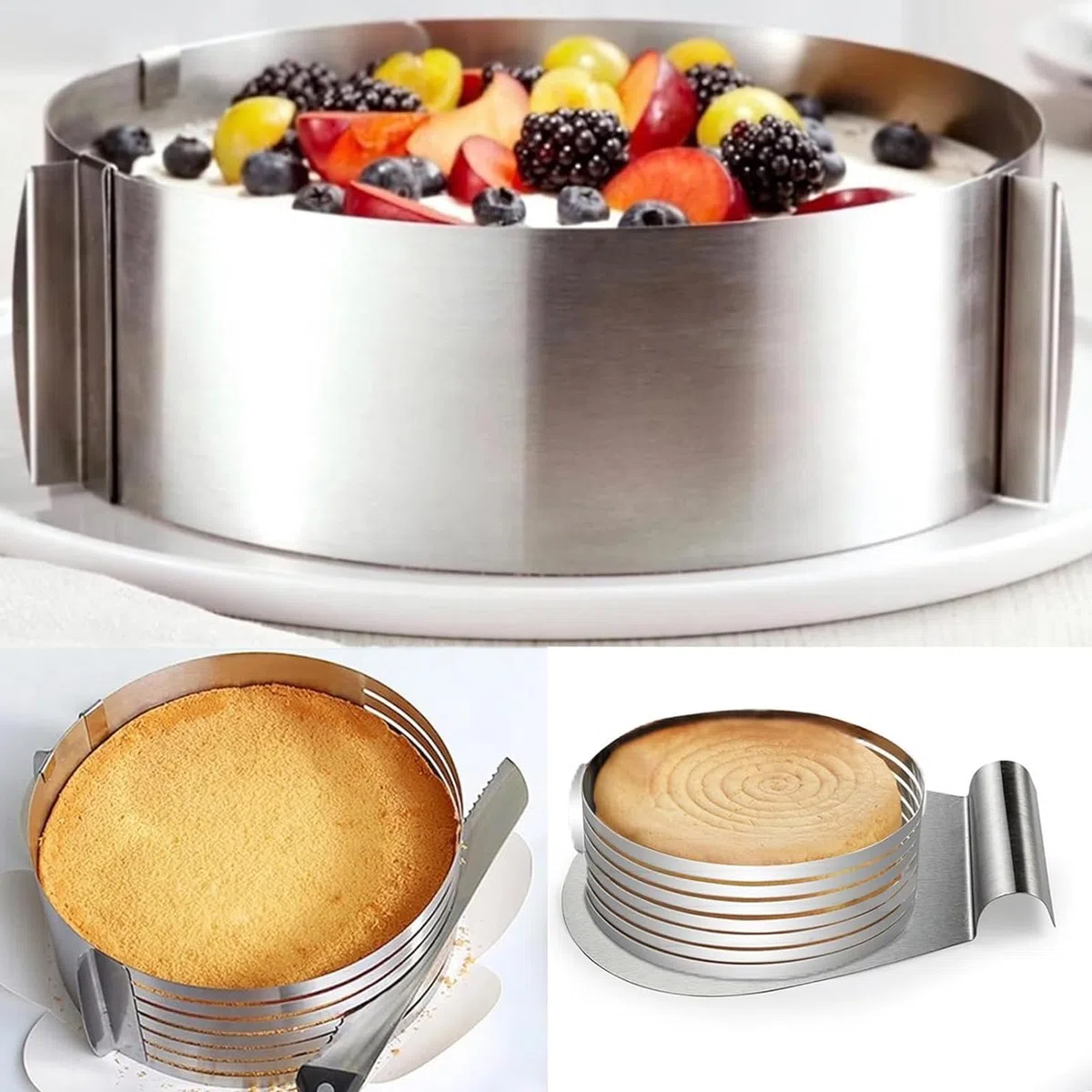 4 TLG Tortenzubehör Set Edelstahl, Verstellbare Kuchenschneider Ø24-30, Konditormesser, Tortenring Verstellbar Ø16-30, Tortenbodenschneider Set für die Herstellung von Kuchen