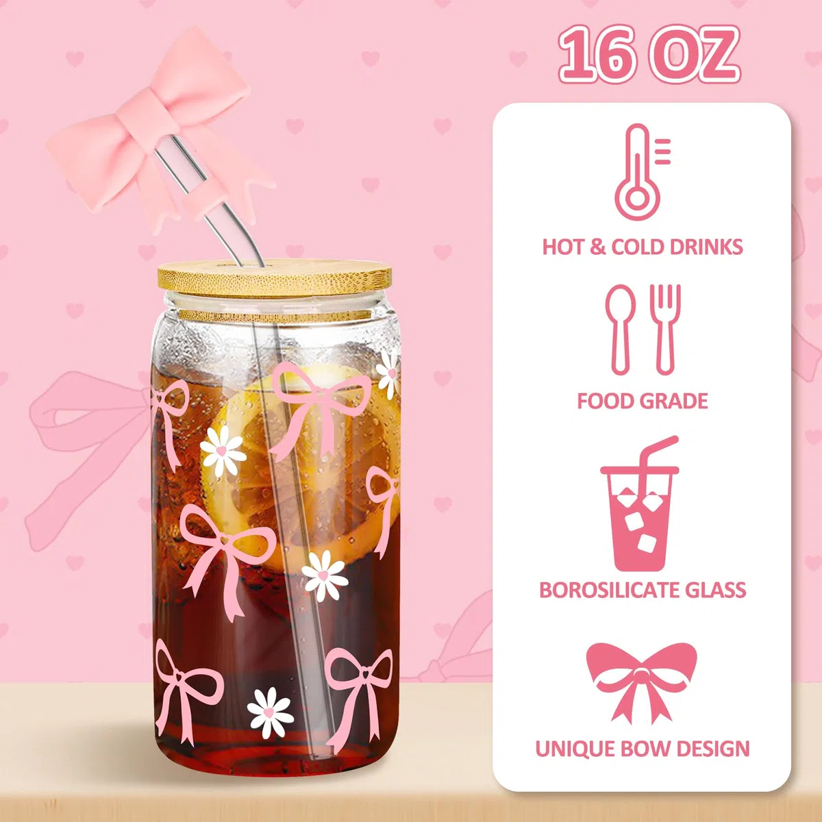 2 Stück 16oz Trinkbecher mit Deckel und Strohhalm, Rosa Trinkgläser Set Aus Glas mit Schleife, Bogen Design Glasbecher Wiederverwendbar für Bubble Tea, Smoothie, Matcha, Milchshake