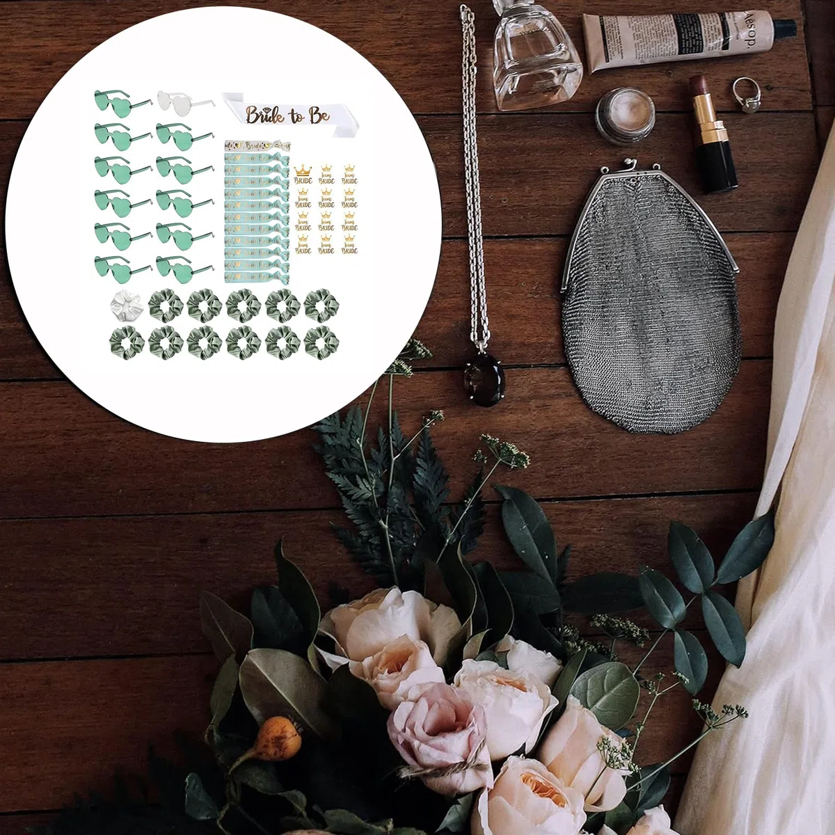 49 Stück Jga Accessoires Frauen, JGA Brille Team Braut Haargummi Armbänder für Junggesellenabschied Frauen, 1Bride to be schärpe +12 Herzförmige Brille +12 Haargummi+12 Armband+12 Aufkleber, JGA Deko