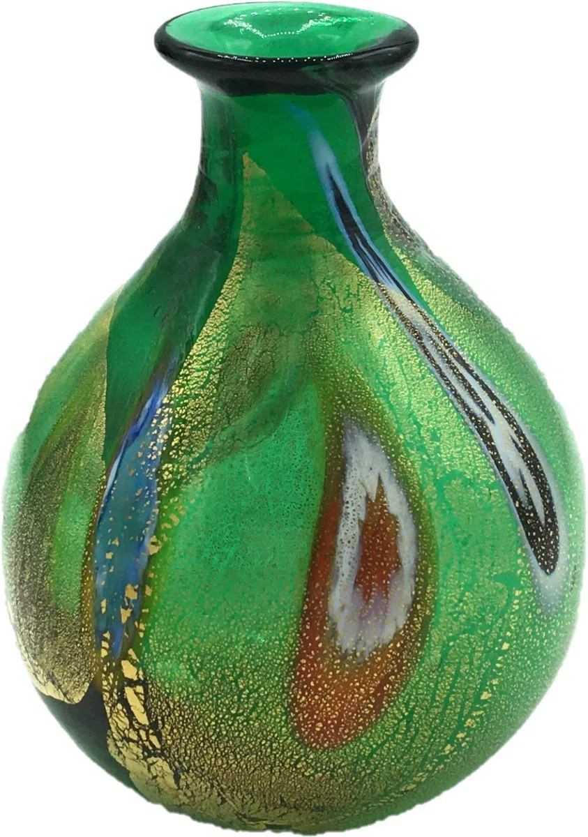 Flasche Kollektion Murano Glas Murrina Blatt Gold Made in Italy (rund, grün, Ø 7 H 7 cm)