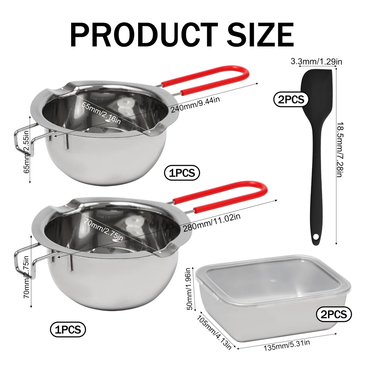 2 Stück Schokofondue Schmelztopf mit Schaber, Frischhaltedosen mit Deckel Edelstahl Schmelzschüssel mit Wärme-Schutzgriff Schmelztopf für Zucker Butter Käse Karamell Schokolade(480ml+600ml)