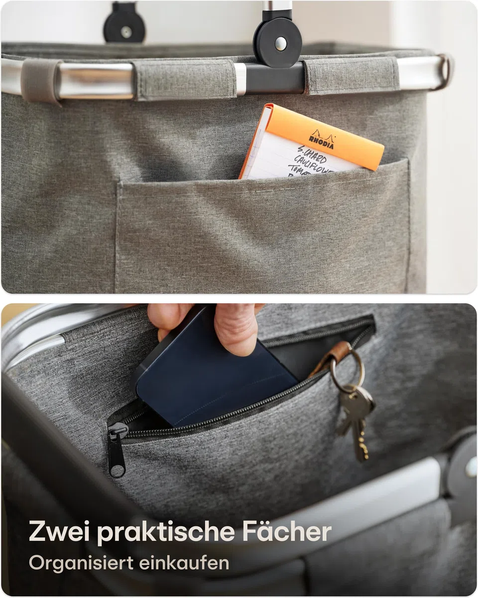 Praknu Einkaufskorb Faltbar Groß – 2 in 1 Erweiterbar 25L auf 35L – Abnehmbarer & Waschbarer Bezug – Stabil mit Alurahmen & Verstärktem Boden – Extra Fächer Innen & Außen – Tragekorb – Grau