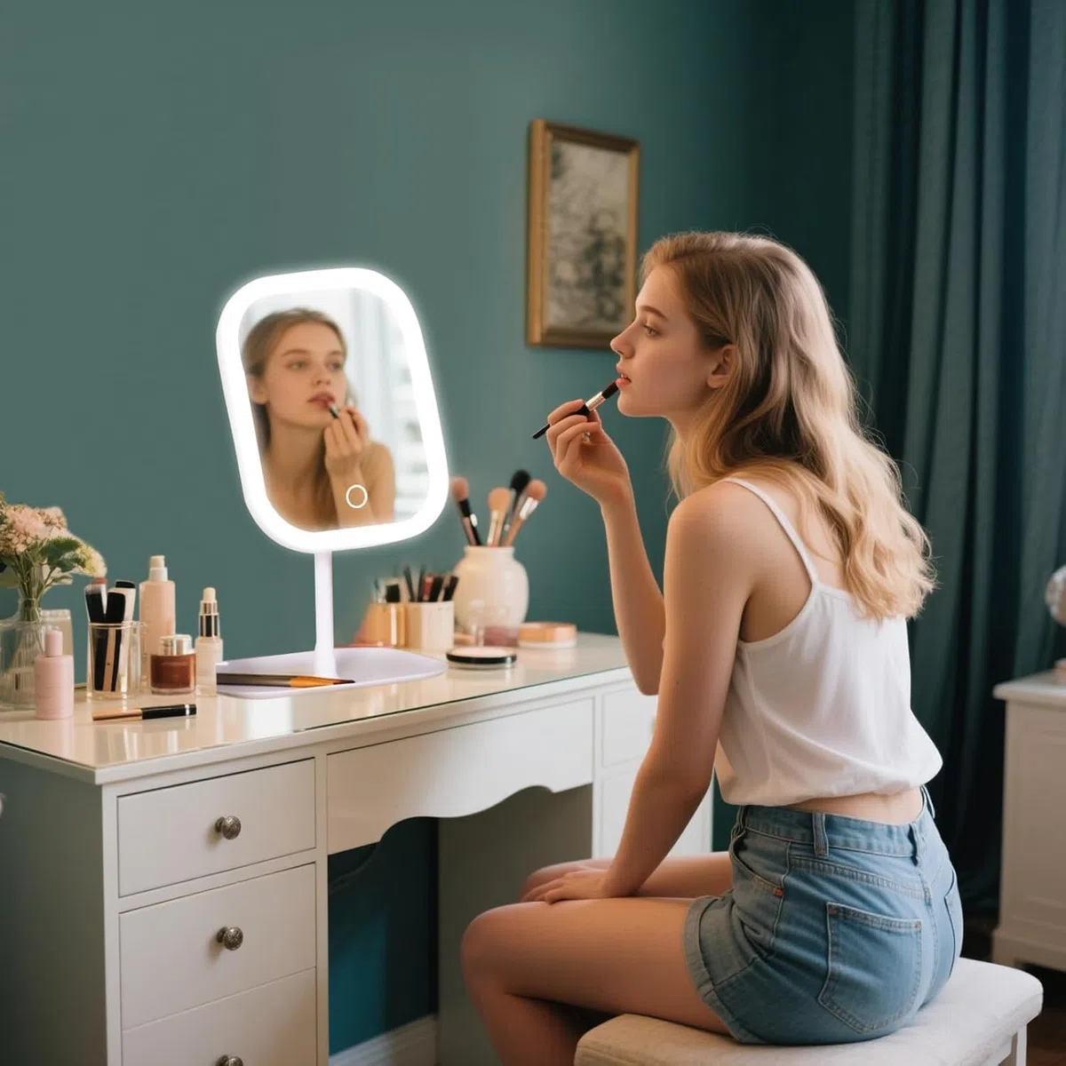 Schminkspiegel mit Beleuchtung, Dimmbare Helligkeit Vanity Spiegel, Wiederaufladbare Touch Tischspiegel für Schlafzimmer Schminktisch Zuhause Reise