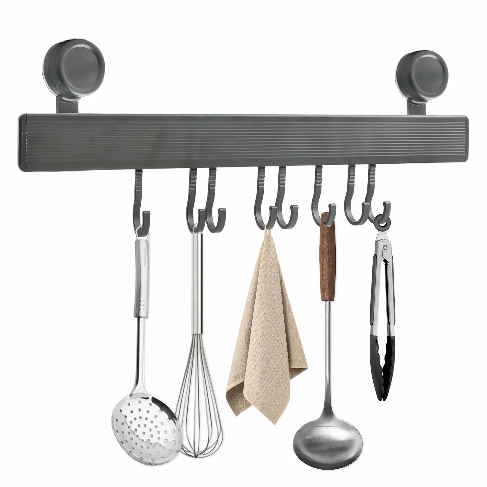 Hakenleiste Küche Ohne Bohren, 40 cm Küchenleiste mit Saugnapf, Hakenleiste Selbstklebend mit 8 Beweglichen Haken, 20 kg Tragfähigkeit, Abnehmbare Küchenhaken für Küche Badezimmer Schlafzimmer