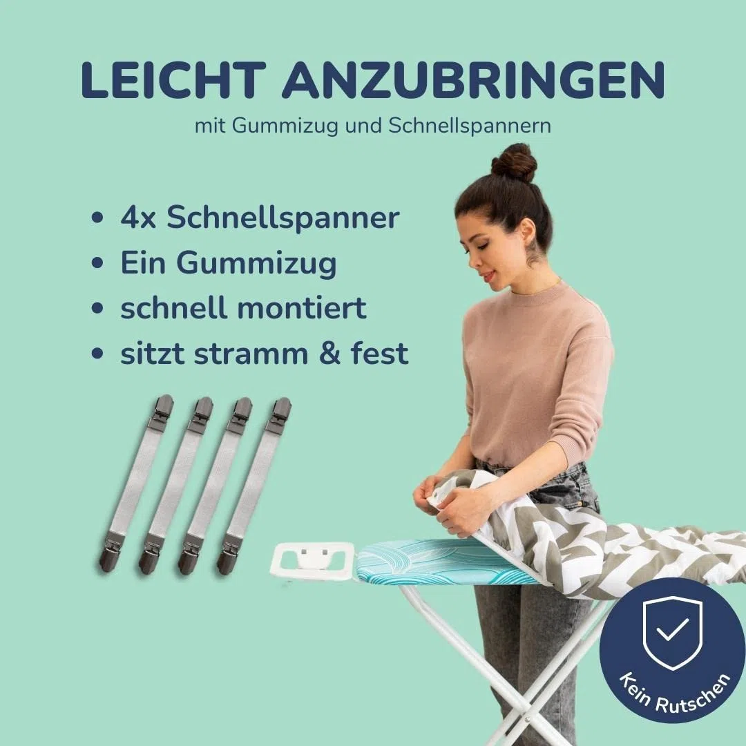 Universaler Bügelbrettbezug bis 125x45 extra Dicke Baumwolle - Bügelauflage Set inkl. Bügelhilfe, Spanner, Bügeldecke - Bügelbrett Bezug 120x40 für Dampfbügeleisen