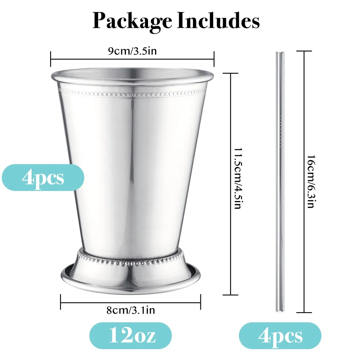 Fijinhom Julep-Becher mit Strohhalmen, Edelstahl, Perlen, Minze, Julep-Gläser für Cocktails, gemischte Getränke, Metallbecher für Bier, Saft, Getränke, Party, Bar, Zuhause, Restaurant, 340 ml, 4 Stück