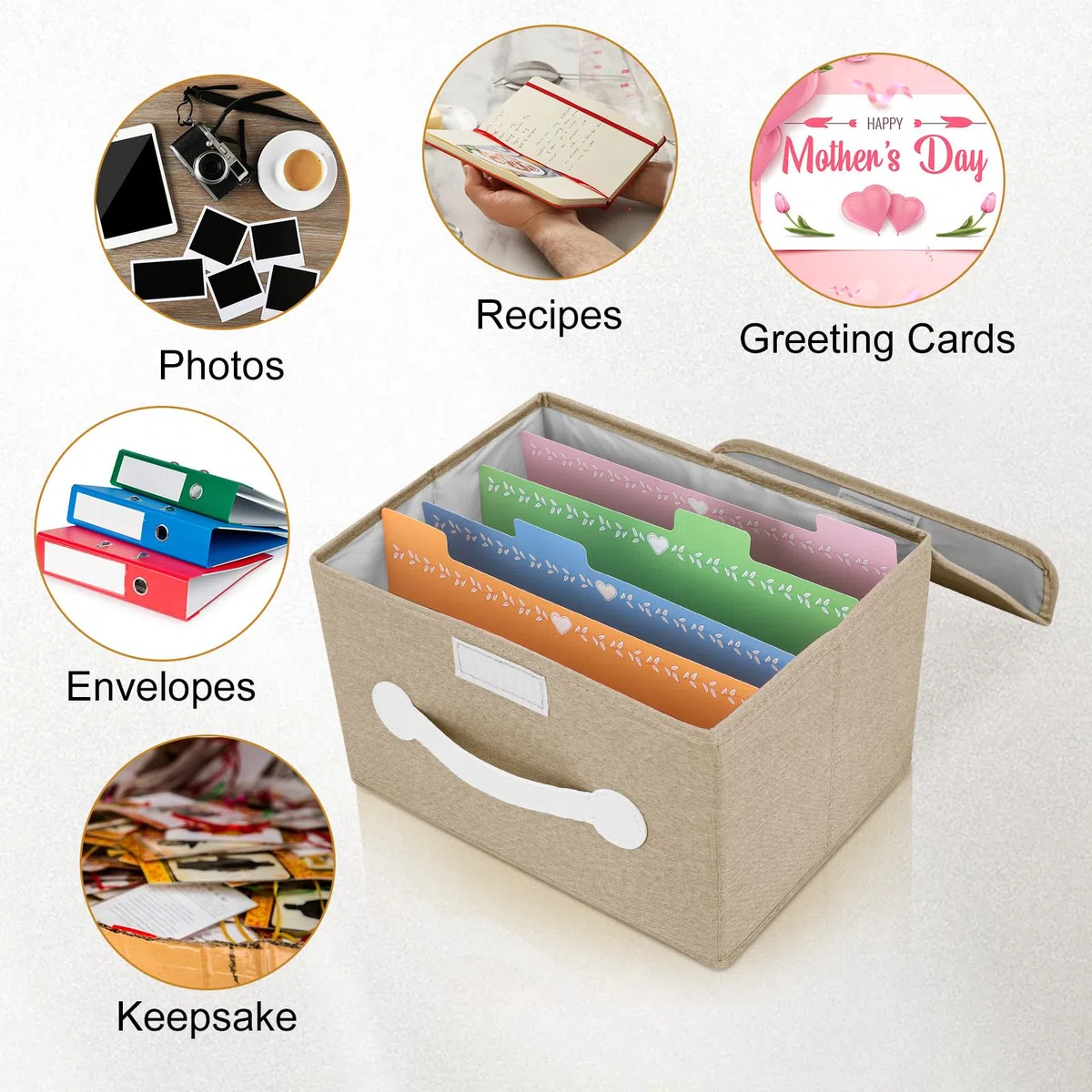 Grußkarten-Organizer-Box mit 16 Trennwänden, faltbare Aufbewahrungsbox, Halter mit Deckel, ideal für Karten, Rezepte, Fotos, Umschläge, Andenken (Beige, 84 Etiketten)