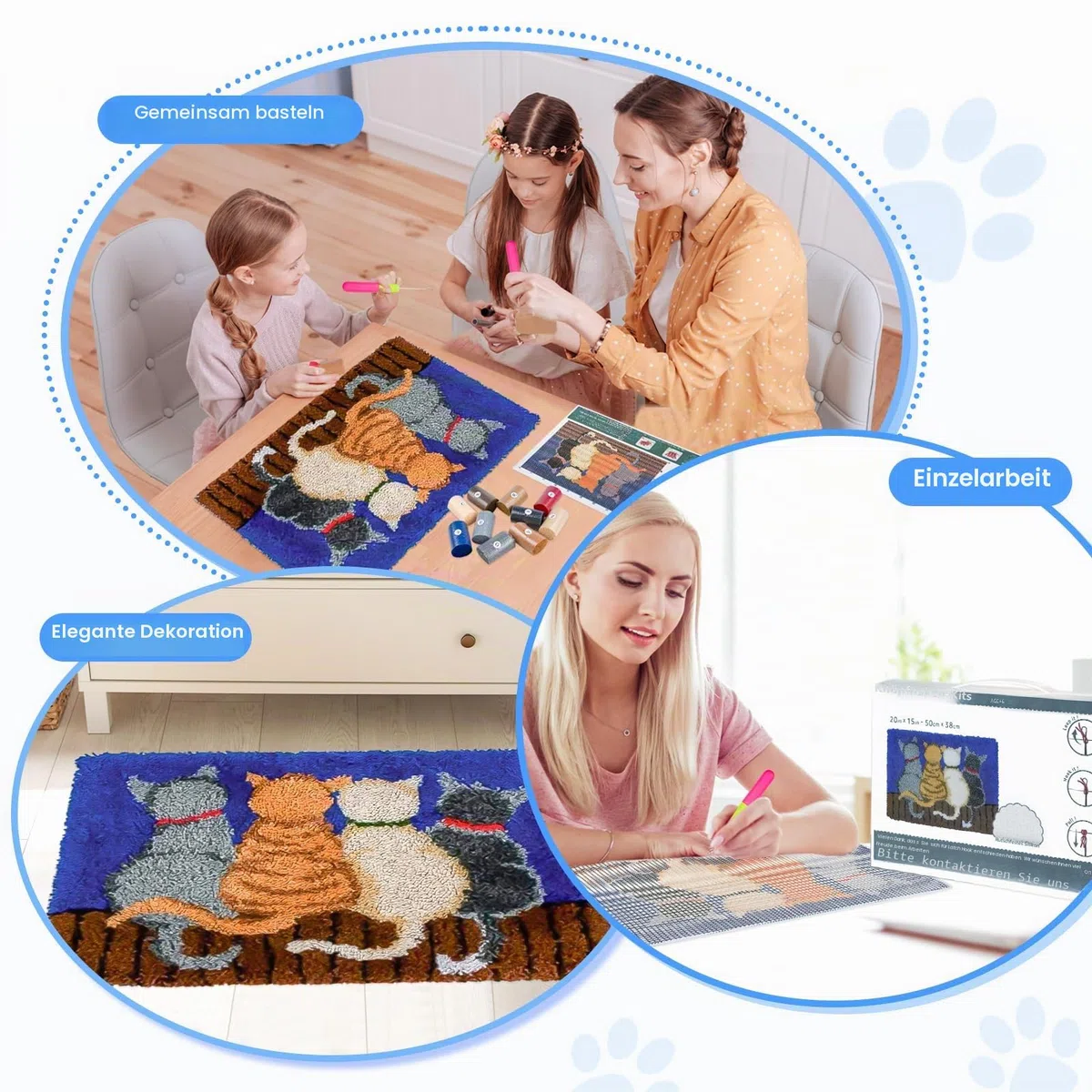 EsLuker.ly Katze Knüpfteppich für Kinder und Erwachsene zum Selber Knüpfen, DIY Knüpfsets Kreuzstich Teppich Set mit Werkzeug Latch Hook Kit Child Rug Animal, 50x38cm