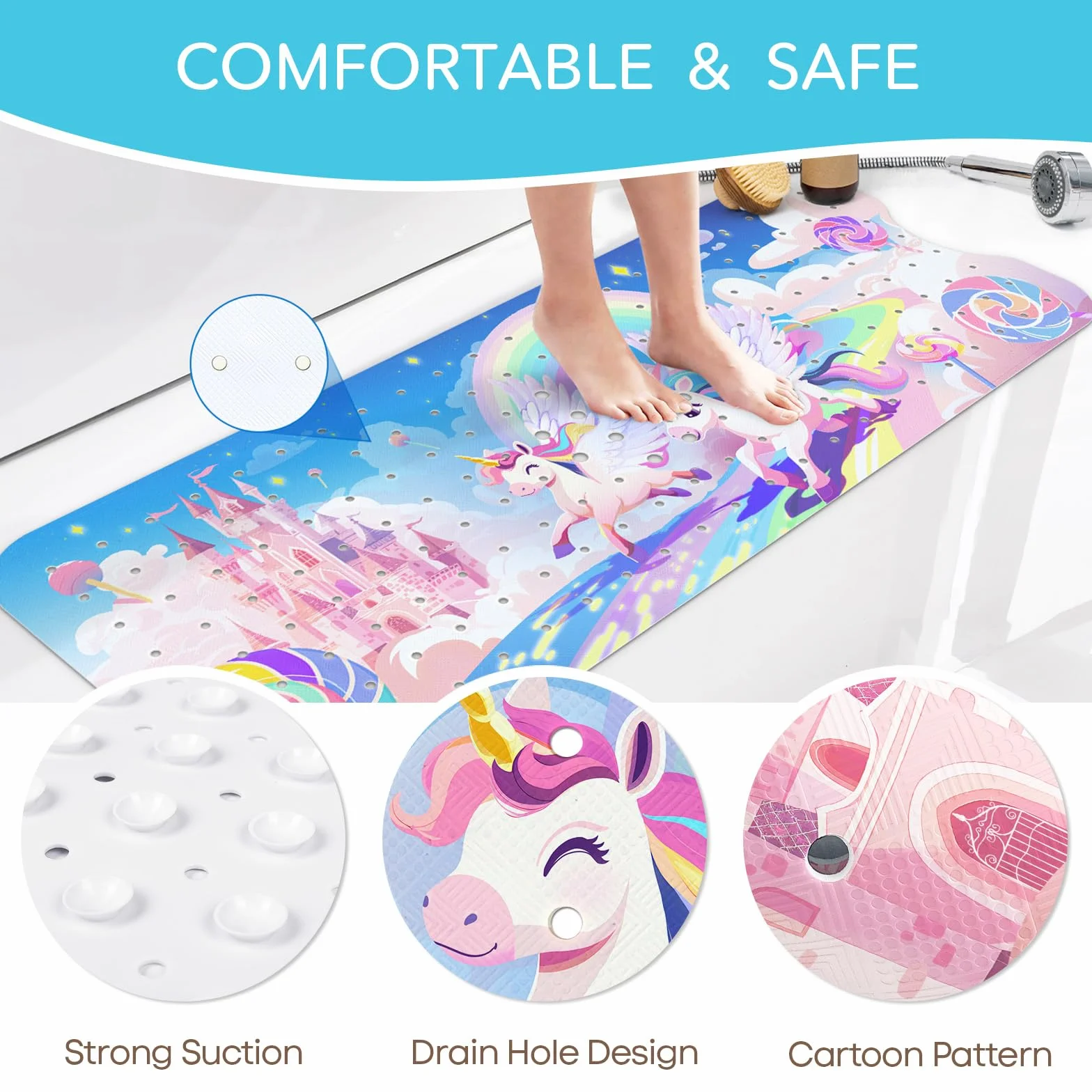 SHUCHING Badewannenmatte Kinder rutschfest Mädchen, 100 X 40 cm Badematte rutschfest Kinder, Antirutschmatte Badewanne Baby 100% BPA Frei, Maschinenwaschbar, Einhorn