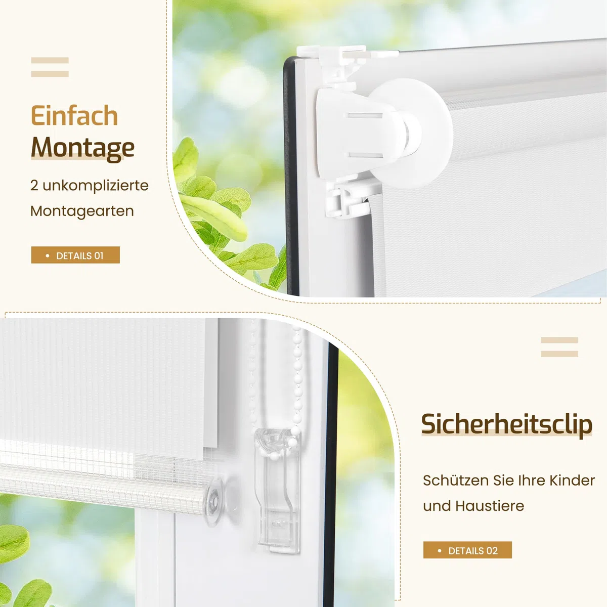Grandekor Doppelrollo Klemmfix ohne Bohren 85x120cm Stoffbreite 85cm Weiß Fenster Rollos für innen Klemmrollos Duo Rollos für Fenster ohne Bohren mit Bohren Privatschutz UV-Schutz Zebrarollo