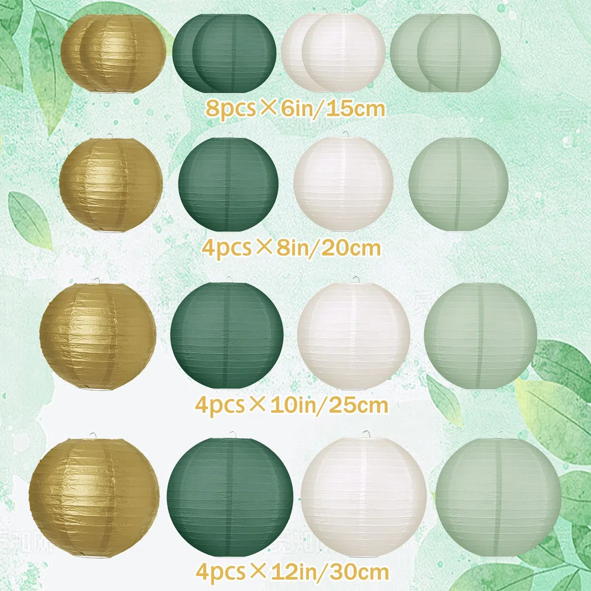 20 Stück Papierlaterne, Salbeigrün Papierlampion Classic Gerippter Papier Laterne Hängende Papierlaternen Wiederverwendbar Runde Lampenschirm für Hochzeit Gartenparty (Ø 15cm/20cm/25cm/30cm)