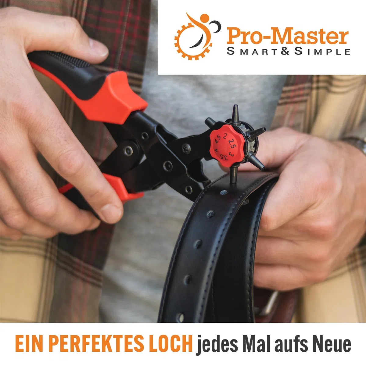 PRO-MASTER robuste Lochzange für Leder & Gürtel, Komplettset mit 6-fach verstellbarer Revolverlochzange 2–4,5 mm, Gürtellocher Set für Hundehalsband, Lederarmband, Stoff, Canvas, Gummi & Kunststoff