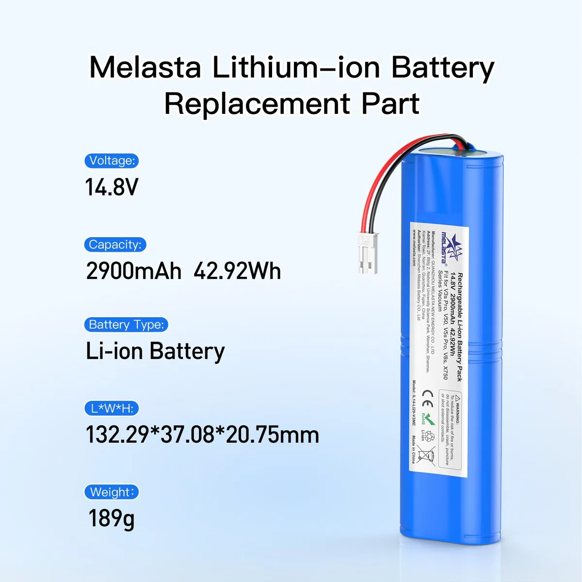 melasta 2900mAh Li-ION Akku für iLife Zaco V5s Pro,V5s V4,V3s Pro, V4, V40, V50, V5s Pro, V5x, V80, V8s, V85, X750 Serie, Ersatz für iLife Staubsauger 18650B4-4S1P-AGX-2 Akku.(14.4V / 2900mAh)