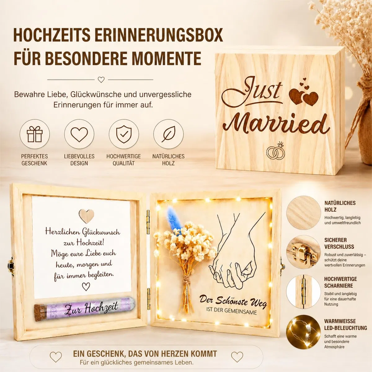 Hochzeitsgeschenke für Brautpaar, LED Holzbox Hochzeitsgeschenk Geld Geldgeschenk Hochzeit Geldgeschenk, Geschenkbox Geldgeschenke zur Hochzeit Geldgeschenke Verpackung