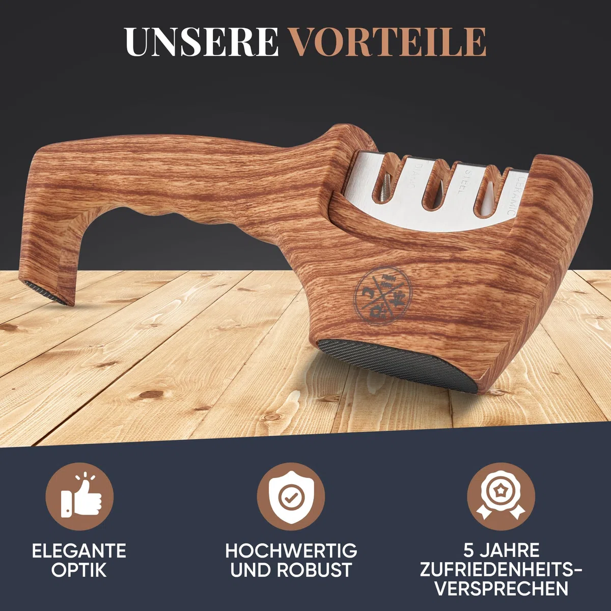 Diamant Messerschärfer Profi [3-in-1] – Testsieger Messerschleifer | manuell Messer schärfen & schleifen | Knife Sharpener mit 3 Stufen System (Diamant, Stahl, Keramik) – Das Original From Mom by FM