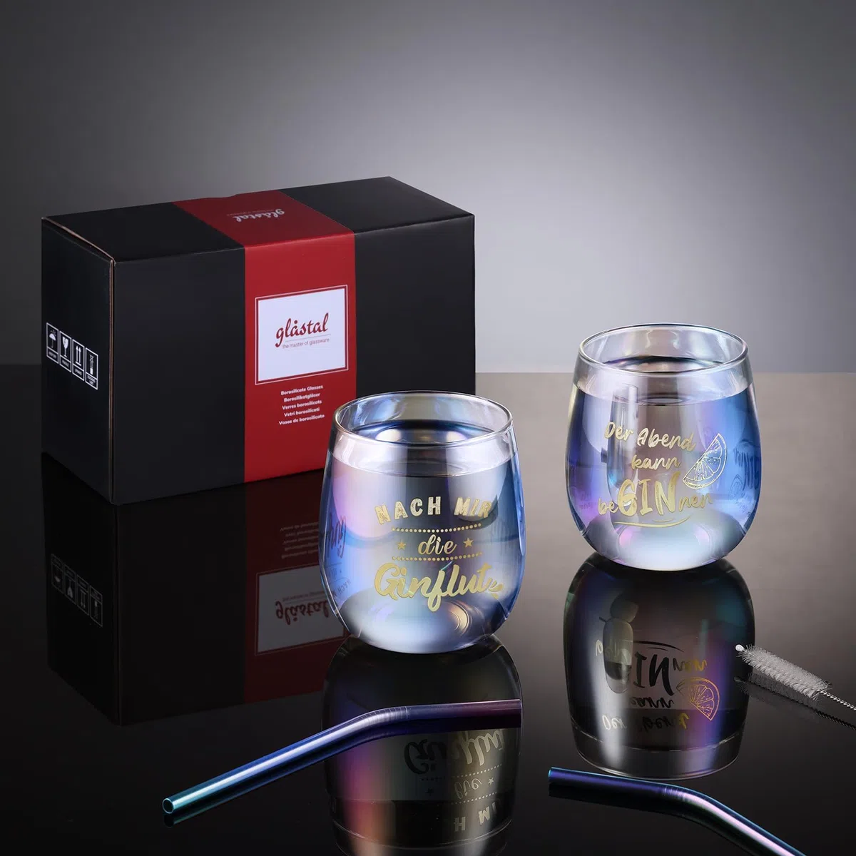 glastal 450ml Gin Tonic Gläser 2er Set Bunt Weingläser mit Gin Sprüchen | Bunt Gin Gläser, Borosilikatglas Einschichtiges, Geschenk für Ginliebhaber Frauen Freund zu Geburtstag Weihnachten