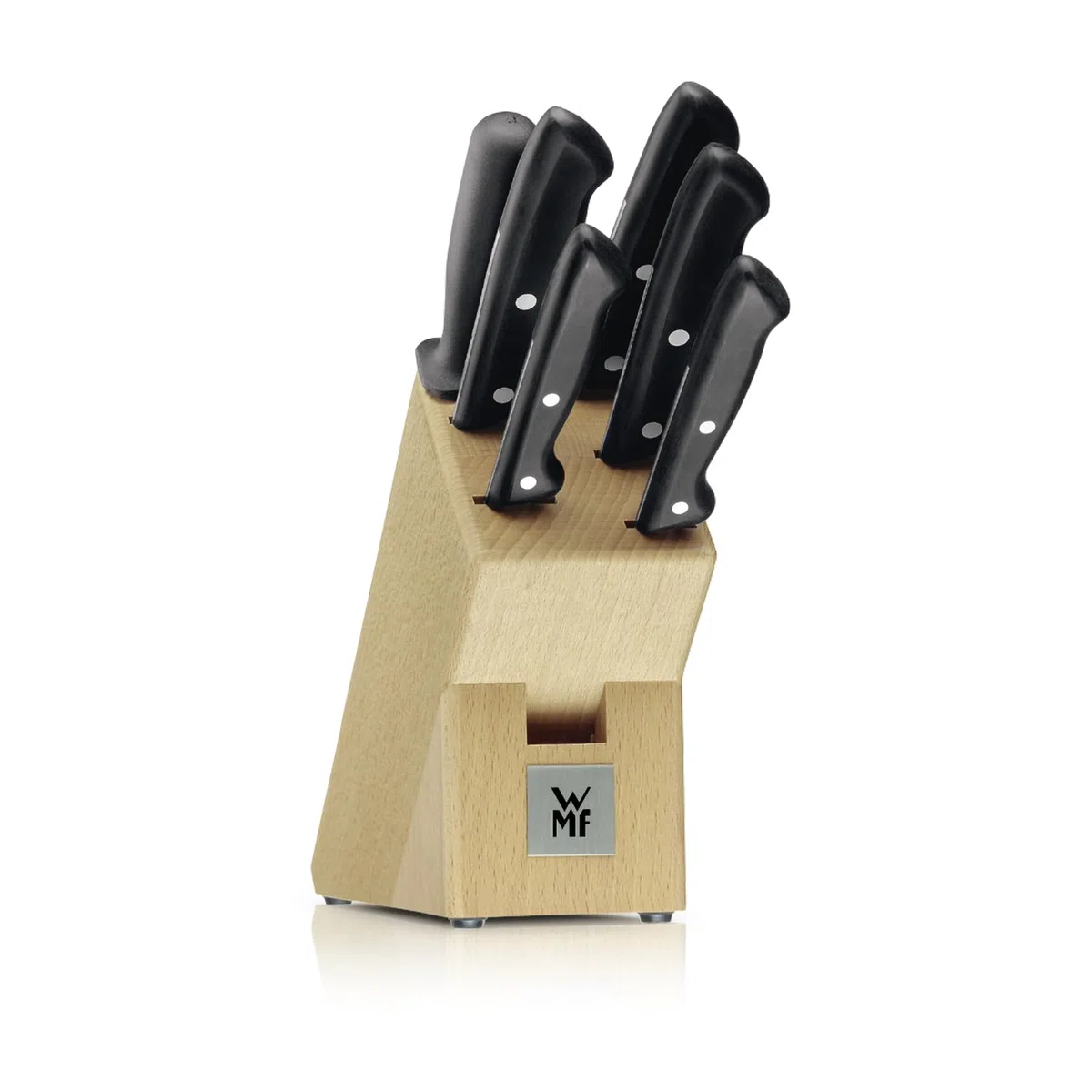 WMF Classic Line Messerblock mit Messerset 7-teilig, bestückt, 5 Messer, Wetzstahl, Buchenholz-Block, Spezialklingenstahl, schwarz