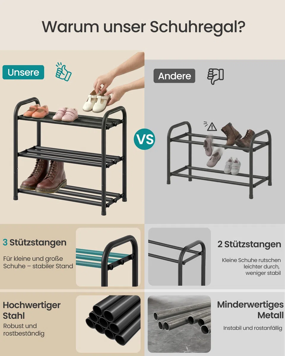 SONGMICS Schuhregal ausziehbar, Schuhablage, Schuh-Organizer mit verstellbaren Ablagen, Schuhaufbewahrung aus Metall, für Flur, Ankleidezimmer, Wohnzimmer, 3 Ebenen, tintenschwarz LMR036BD01