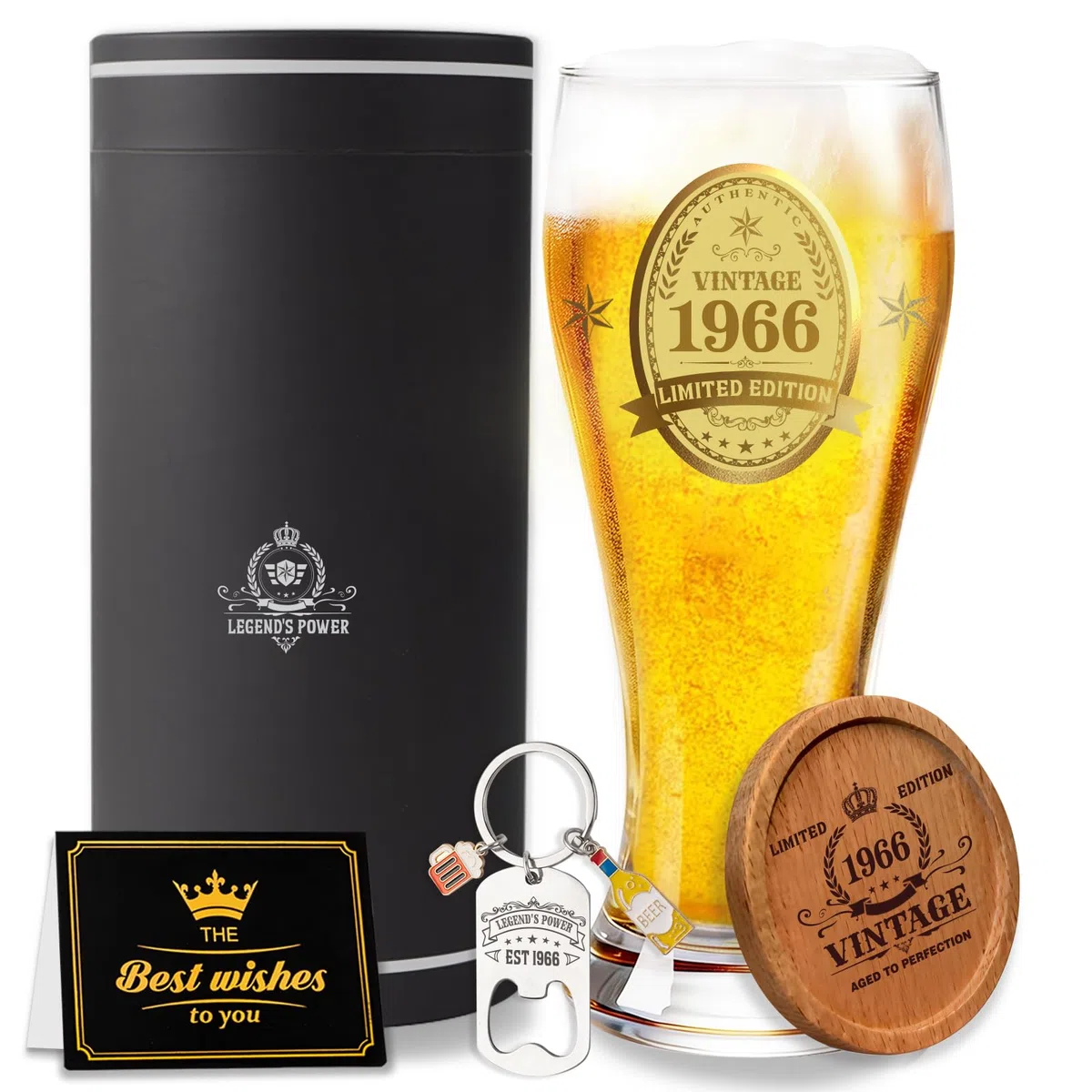 60. Geburtstag für Männer, Vintage 1966 Geburtstagsgeschenke Männer, 60 Geldgeschenke Geburtstag Frau Mann, 1966 Bierglas Gravur mit Flaschenöffner, Holzkissen, Geschenkkarton, Grußkarten, 580ml