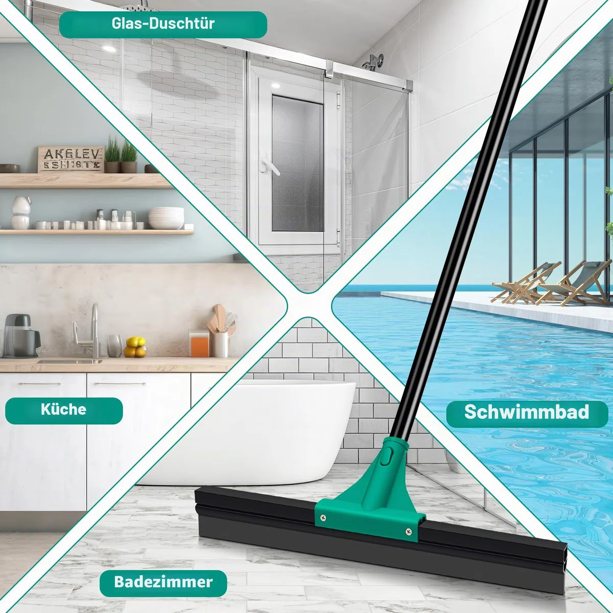 JEHONN Wasserschieber Bodenabzieher Abzieher Dusche Boden mit Teleskopisc Stiel 148 cm, Wasserabzieher Gummiabzieher Flitsche für Garage Beton Bad Fliesen Marmor Glas Shop Deck Fenster (Grün)
