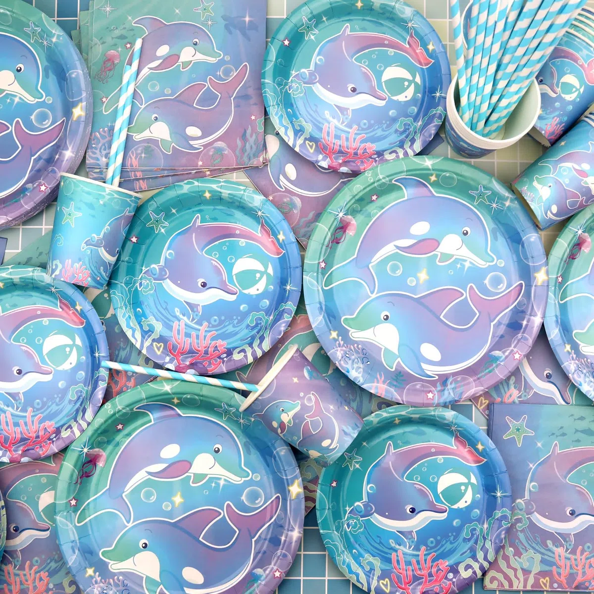 Dolphin Party Zubehör, einschließlich Teller, Servietten, Tassen, Tischdecken, für Dolphin Theme Geburtstag Baby Dusche Party Dekorationen