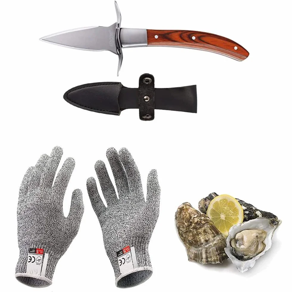 Austernmesser Oyster Knife Set Austernöffner Schnittfeste und Handschuhe für Muscheln Oder Hartkäse Geeignet Holzgriff Edelstahl (Rot, Grande/L)