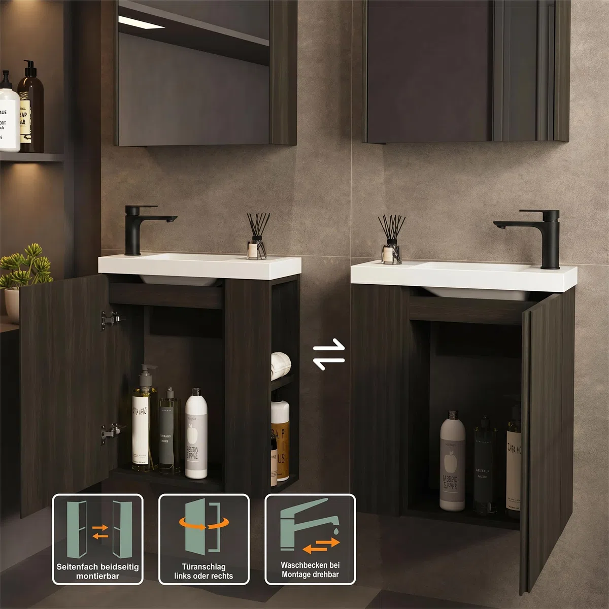 Waschbecken mit Unterschrank 55 cm - Badmöbel Set mit 2 Tier seitliche Ablagen außen & Haken, Vormontiert Waschbeckenunterschrank Klein für Bäder - Schwarz (inkl. Schwarz Matt Armatur)